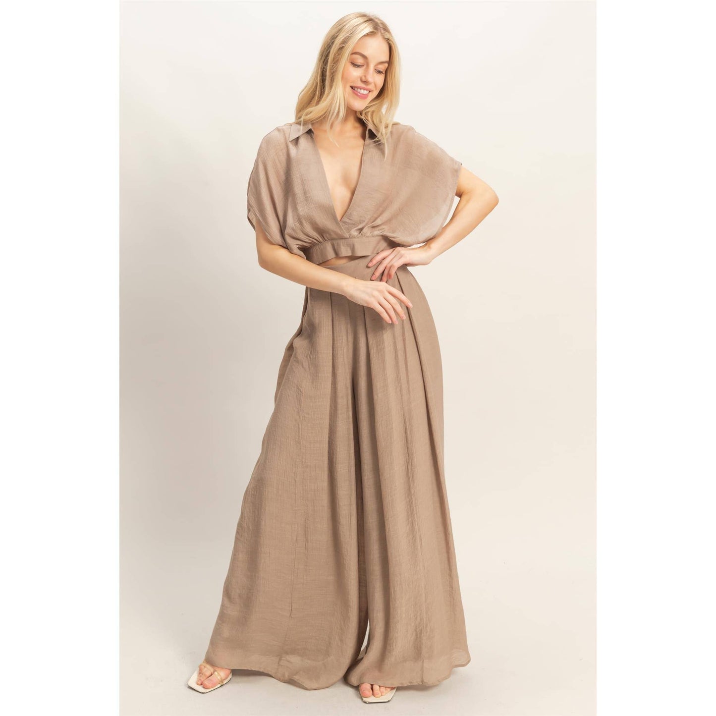 Collared Wrap Top & Wide-Leg Pants Set