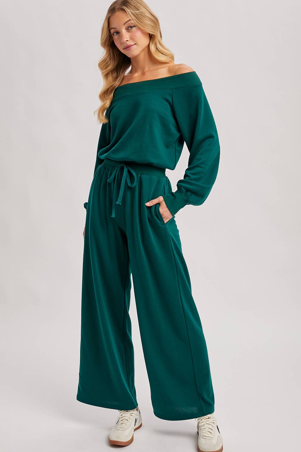 WIDE NECK OFF THE SHOULDER KNIT JUMPSUIT
