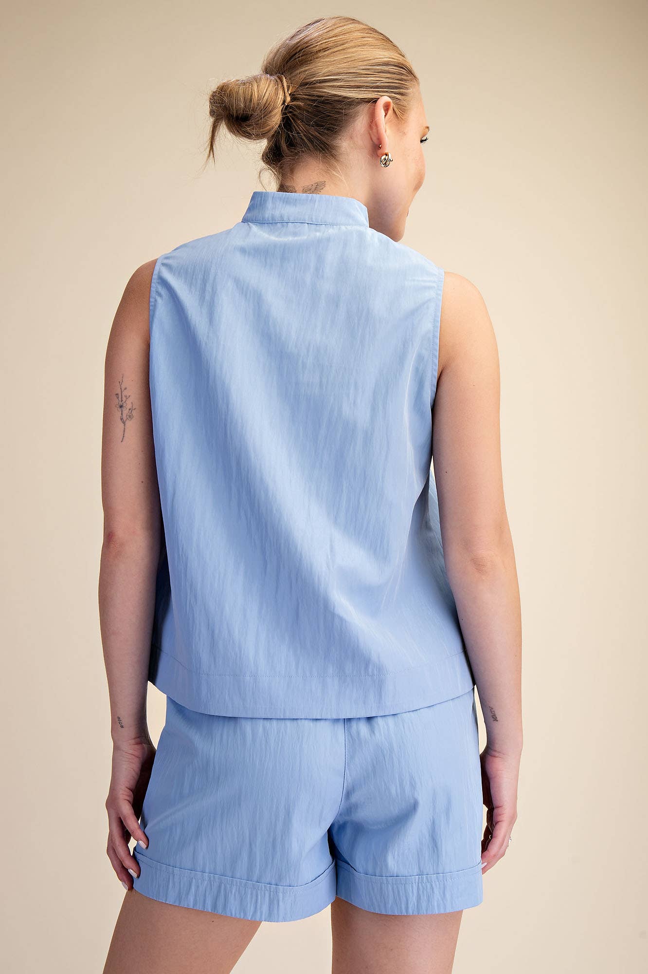 Stand Collar Slit V-Neck Sleeveless Top