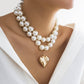 LUSTROUS PEARL BEADED LAYERED HEART NECKLACE | 40NK9456