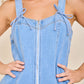 Denim Zip Front Tie Strap Romper – Light Wash