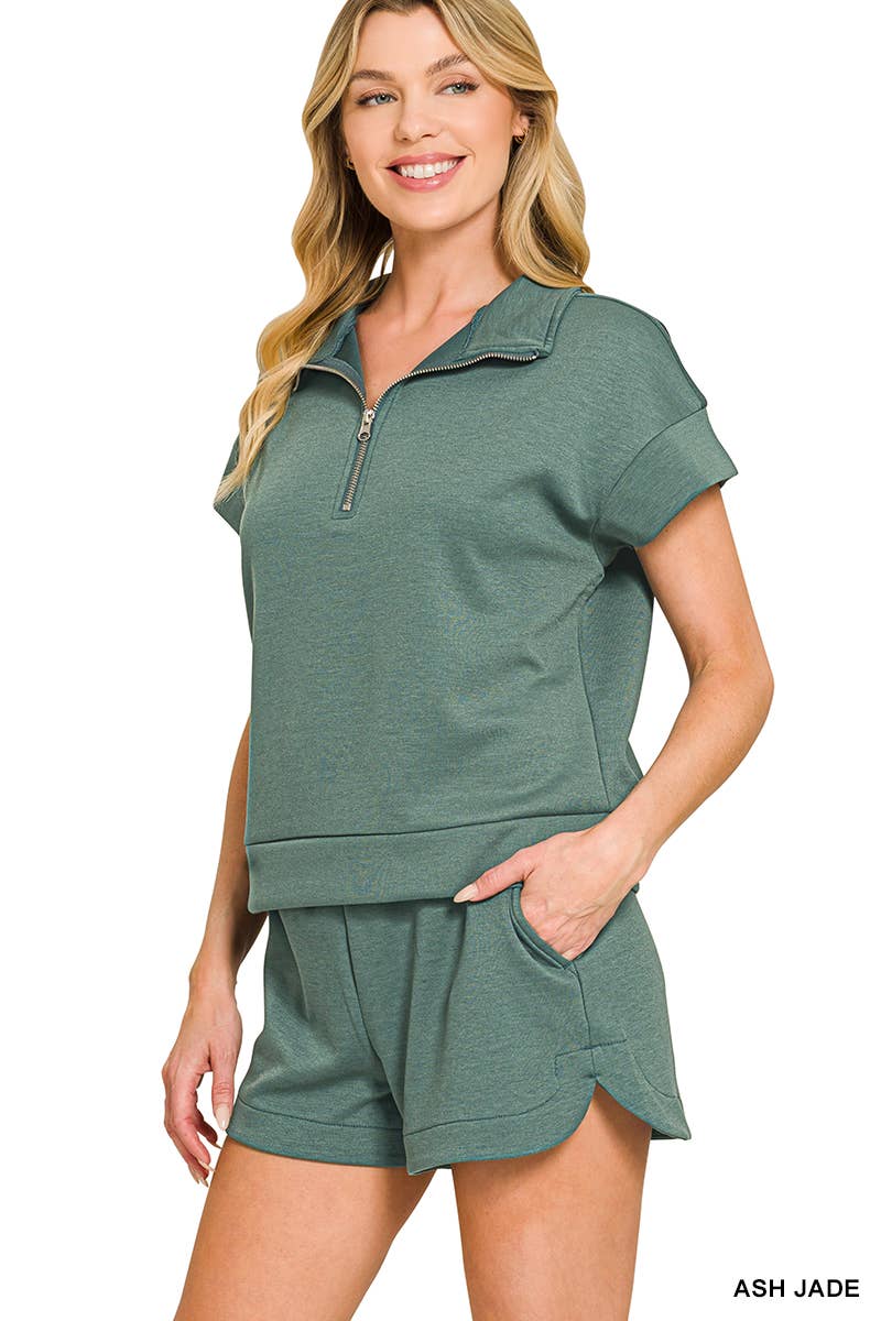 Scuba High Neck Half Zip Top & Dolphin Shorts Set Zenana