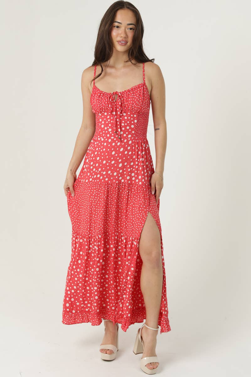 C4C84-FQ00-AA25 MIX POLKA DOTS MAXI DRESS WITH SIDE SLIT AND