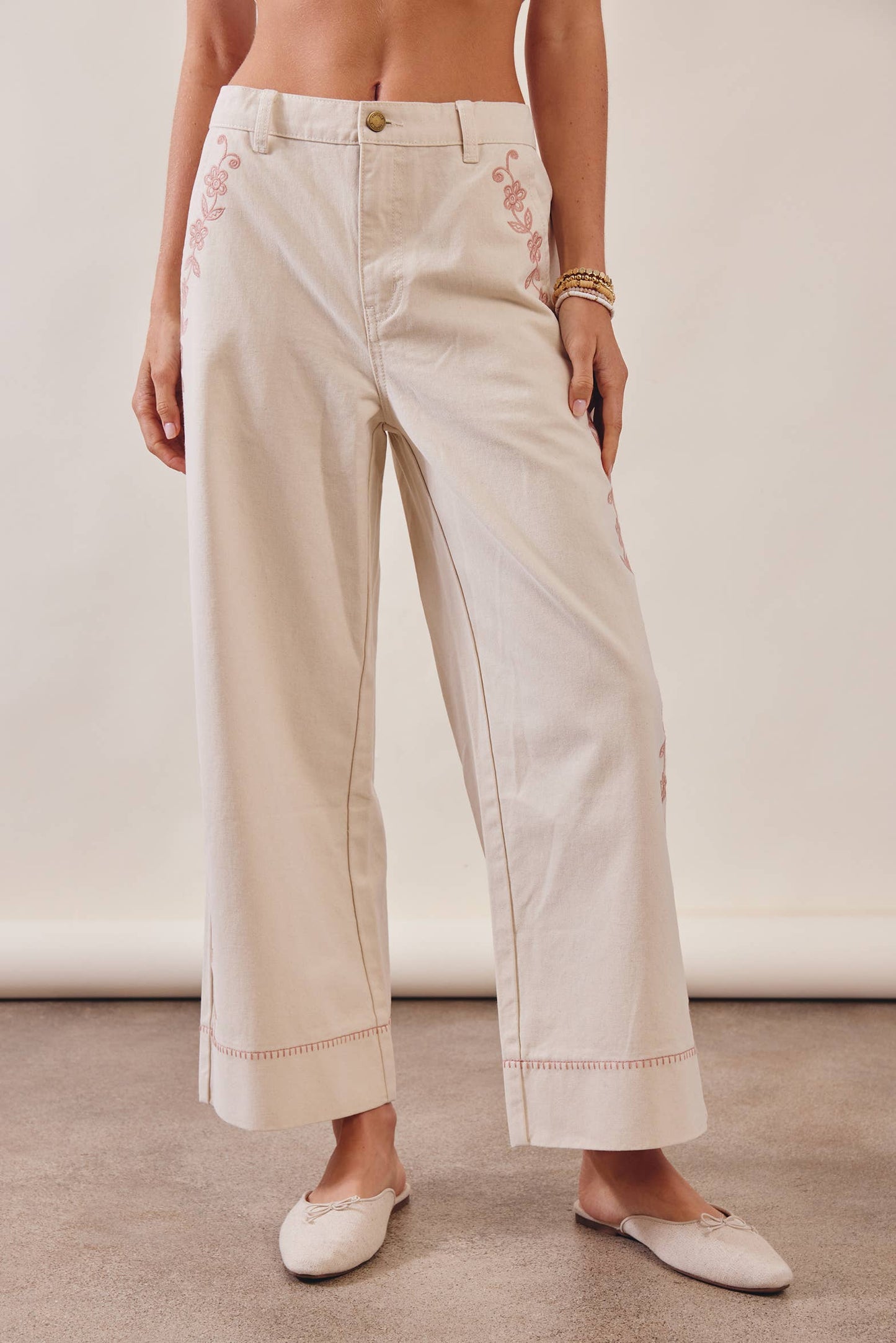 Floral Embroidered Cropped Wide-Leg Pants LP0276