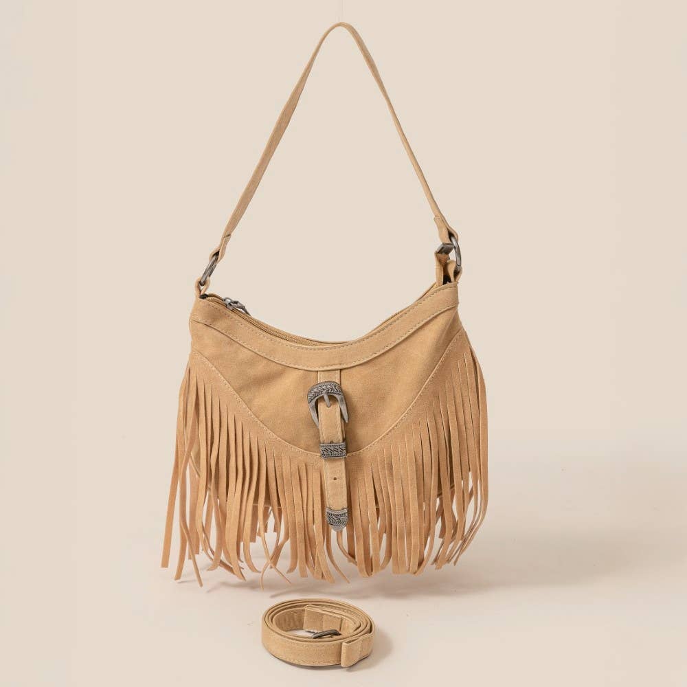 Faux Suede Cascade Fringe Shoulder Bag