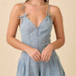 Washed Denim V-Neck Romper with Pleat Detail & Tie Straps