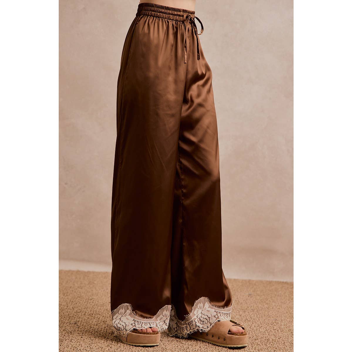 SATIN LACE TRIM WIDE LEG ELASTIC MID RISE PANTS