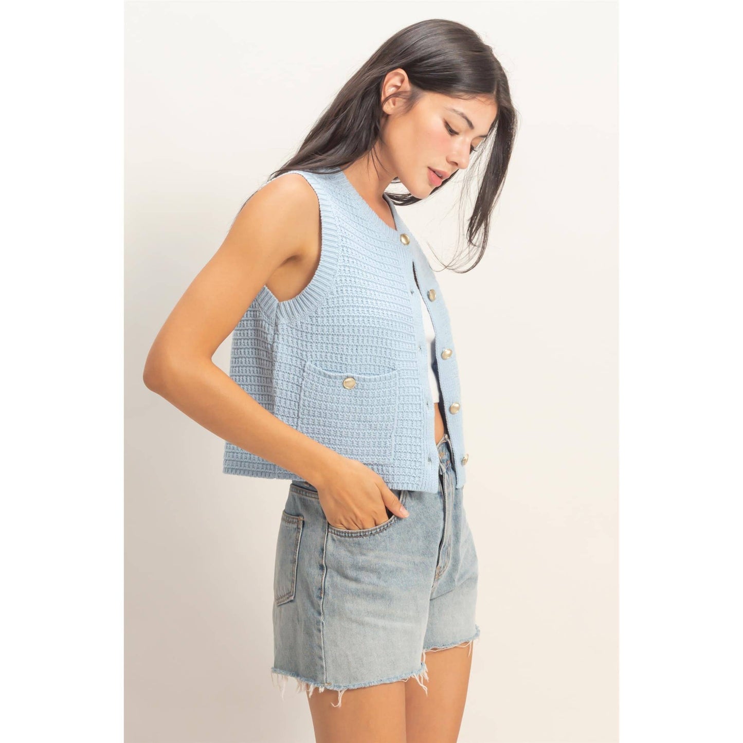 Textured Button-Front Vest With Pocket
