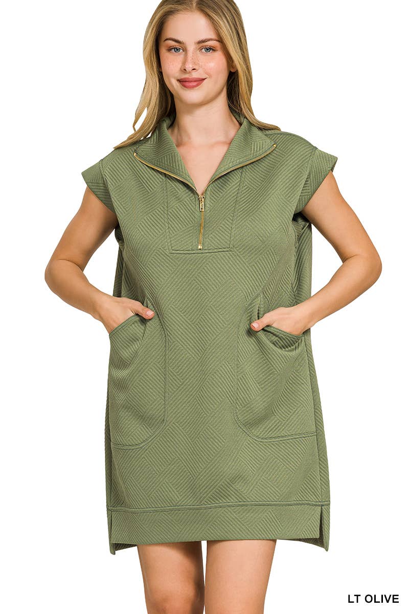 Textured Knit Jacquard Quarter Zipper Dress Zenana