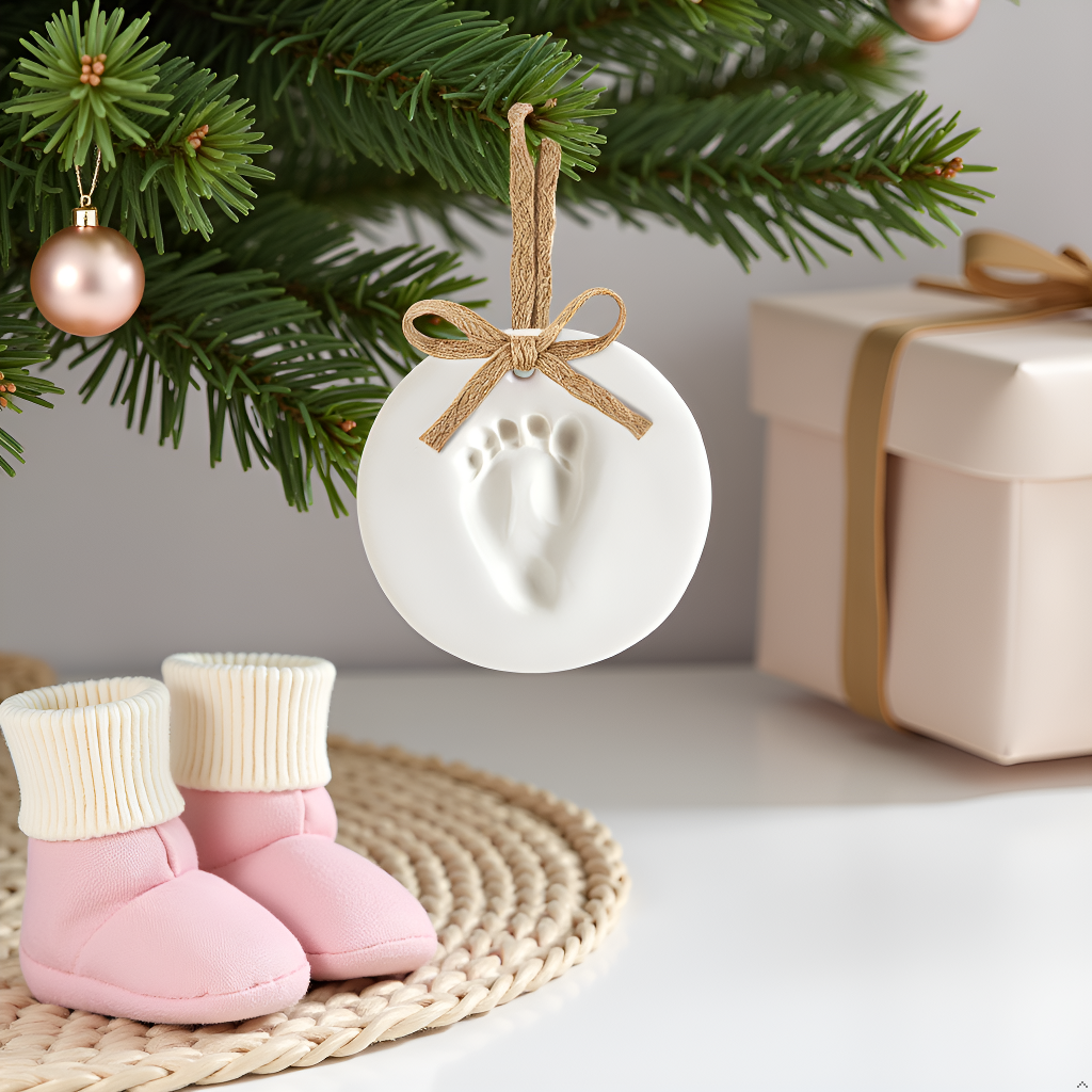 Clay Baby Prints Christmas Ornament Keepsake, Burlap, 2-Pack