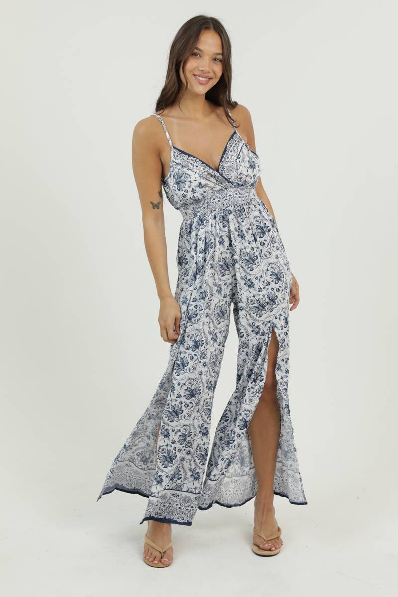 B5957-A987 V NECK JUMPSUIT WITH SLIT LEG DETAILS