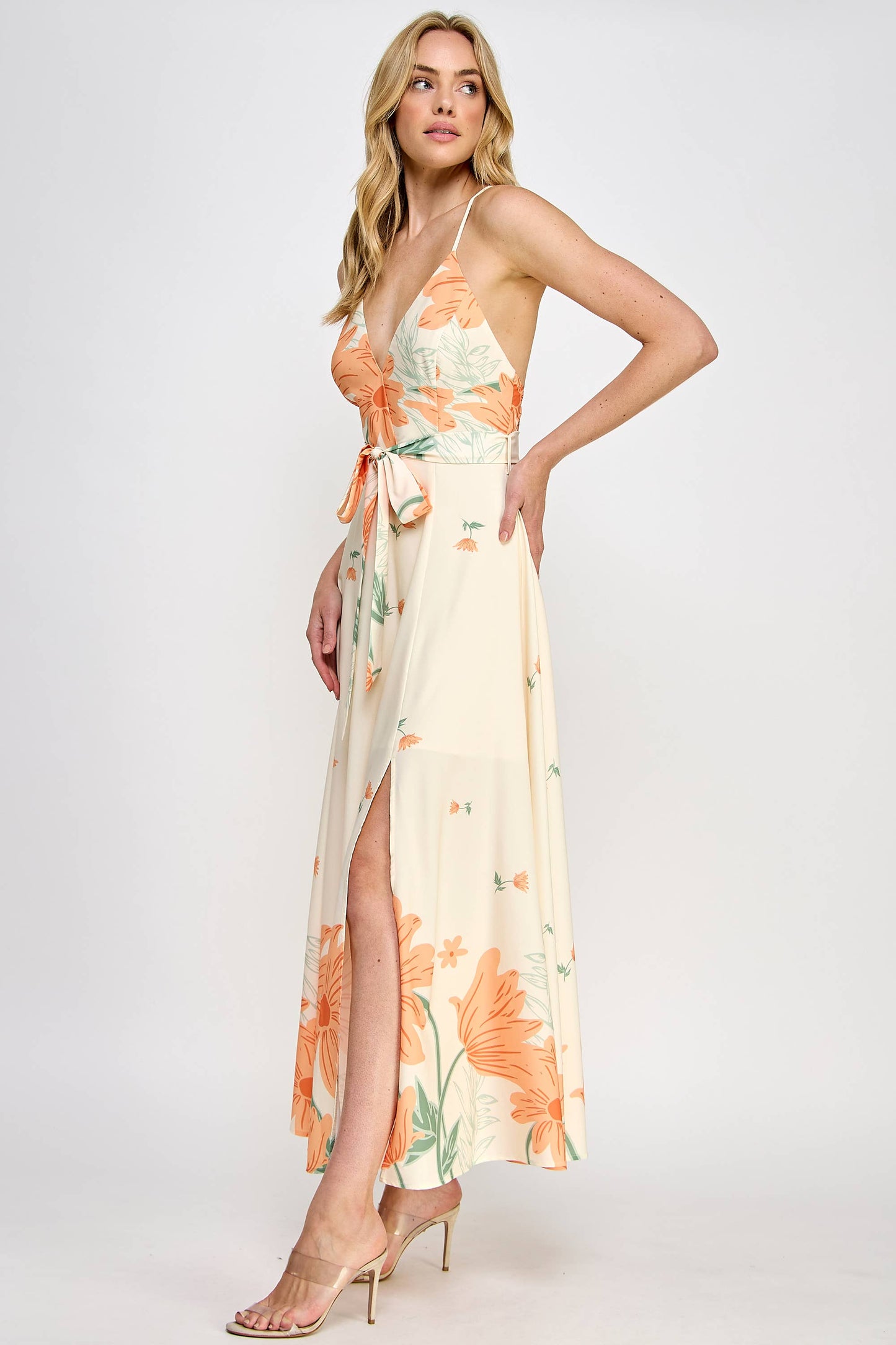 Floral Border Print Side Slit Maxi Dress