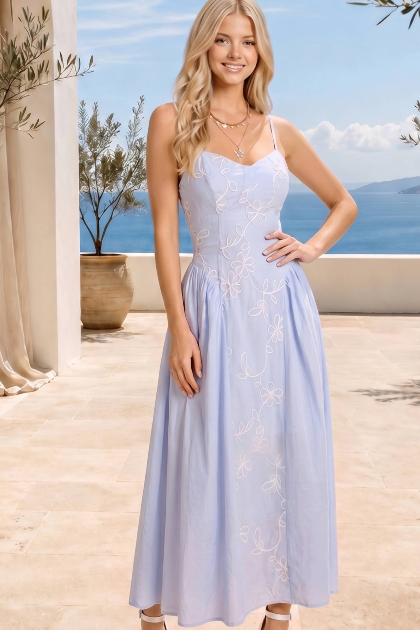 Embroidered Floral Strap Midi Dress