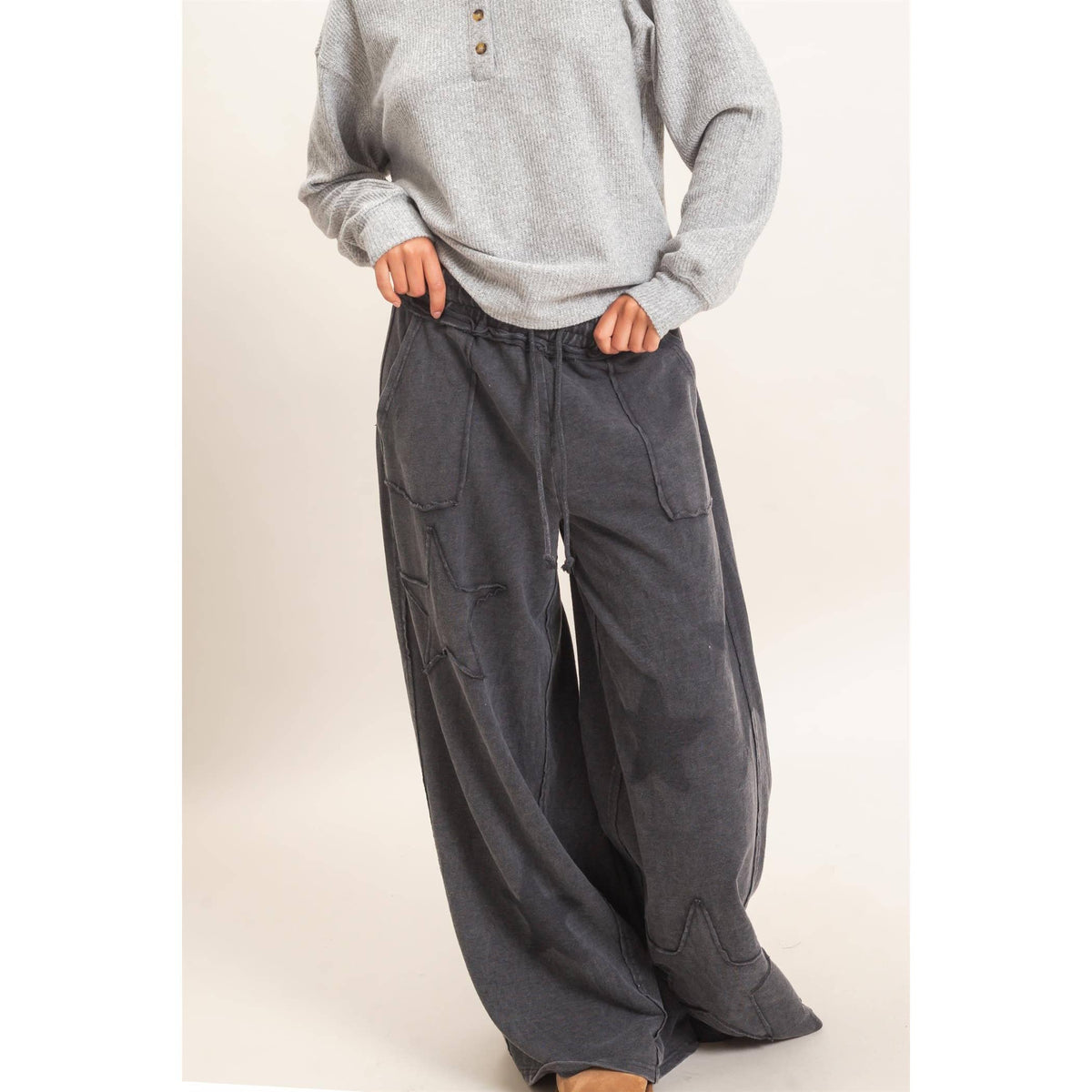 Mineral Wash Star Patch And Print Wide Leg Pants