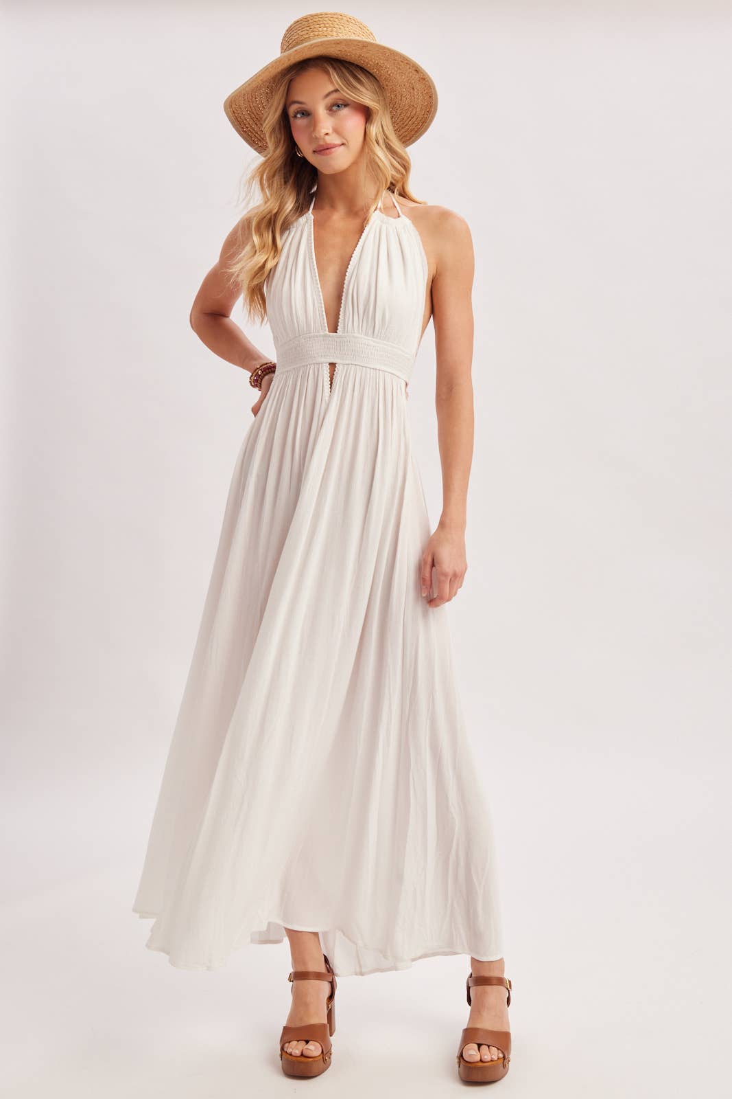 A CRINKLY CREPE DEEP V-NECK HALTER MAXI SUNDRESS