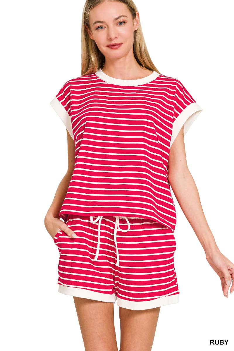 ...0223 Stripe Contrast Trim Top & Shorts Set SI-29132