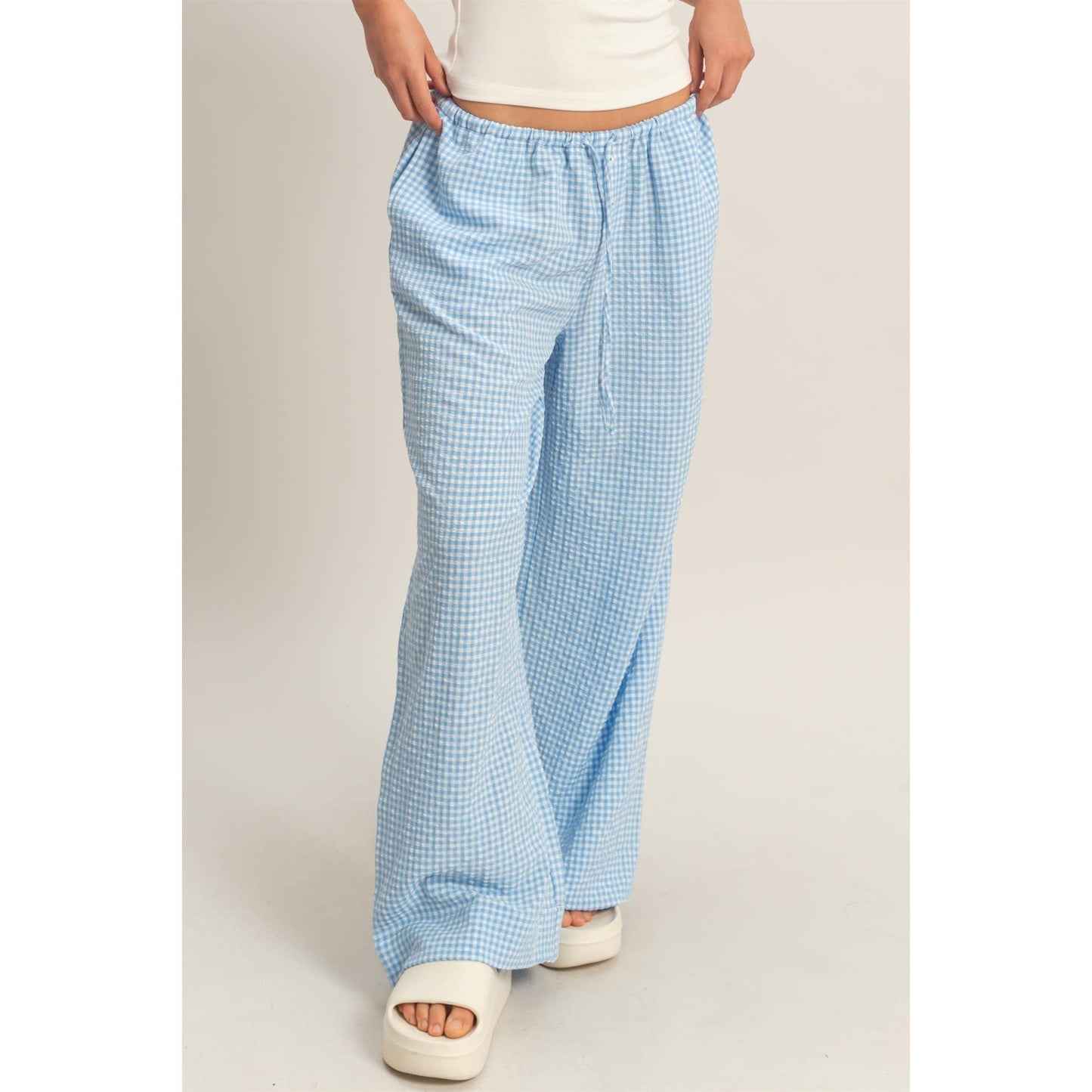 Gingham Drawstring Wide-Leg Pants