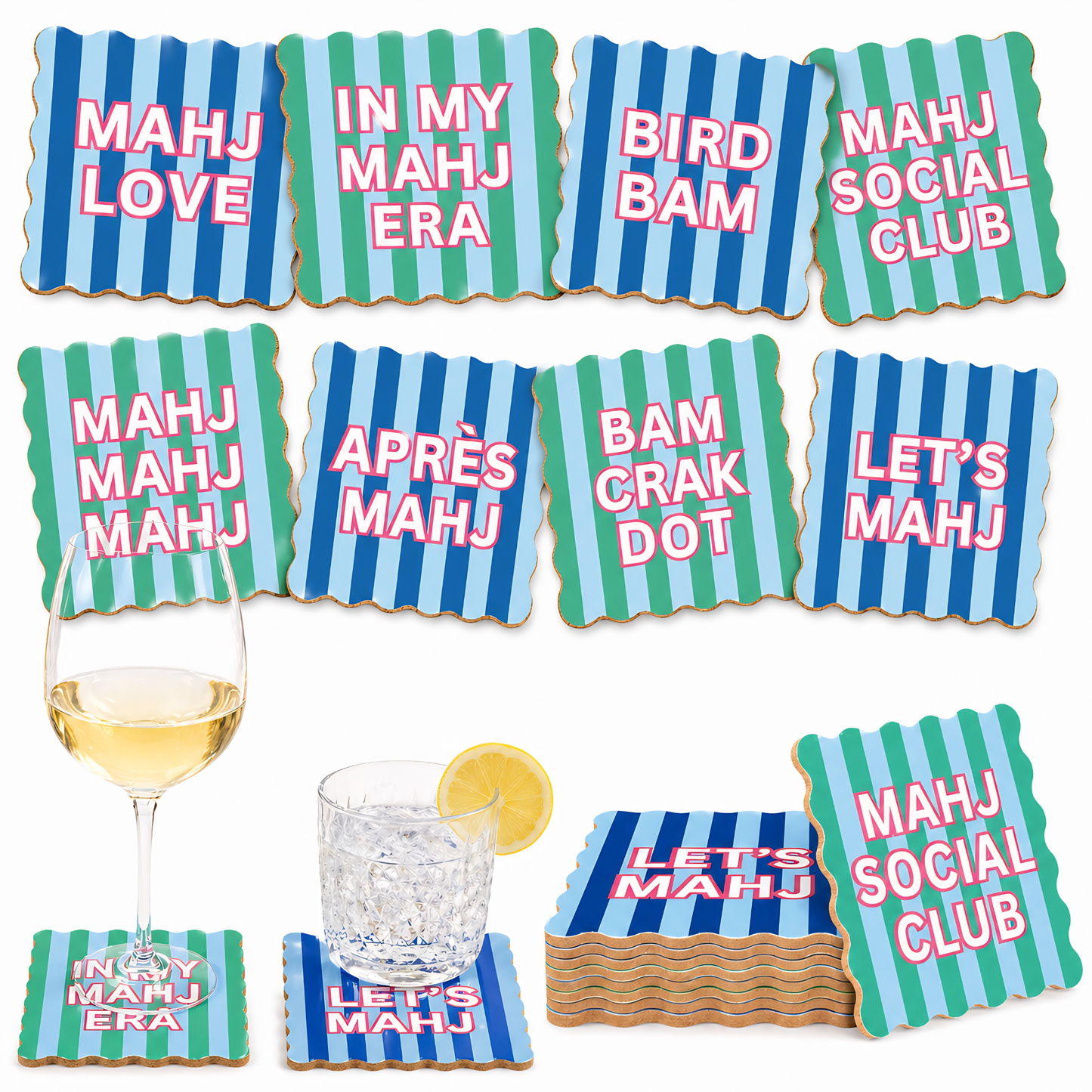 Mahjong Social Club Coaster Set – Set of 8 | Scalloped Edge