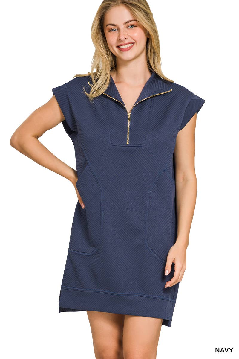 Textured Knit Jacquard Quarter Zipper Dress Zenana