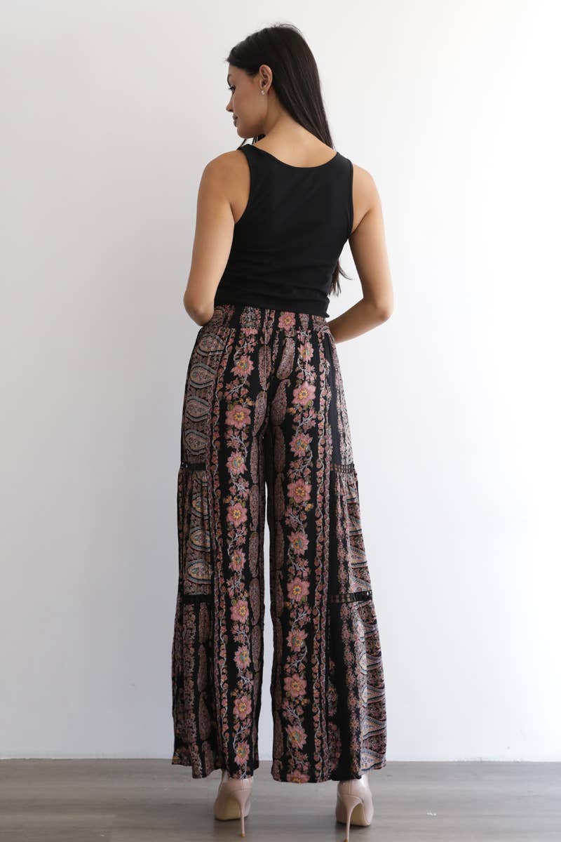 25R84-AA09 PRINTED FLARE PANTS WITH LACE INSERTS AND SMOCKED