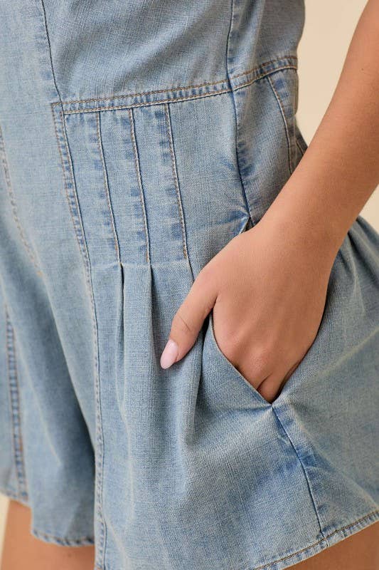 Washed Denim V-Neck Romper with Pleat Detail & Tie Straps