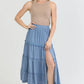 26P74-ASIS TIERED MAXI SKIRT WITH LACE TRIM AND SLIT
