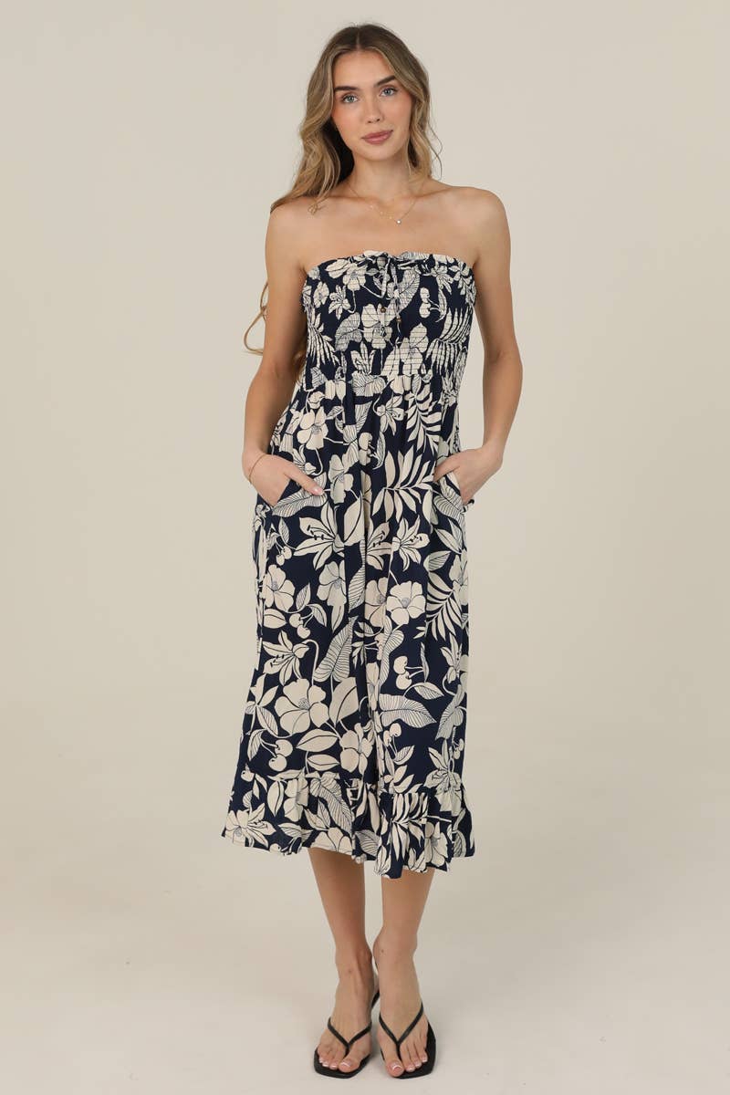 C4F45-A920 SMOCKED BODICE STRAPLESS MIDI DRESS W POCKETS