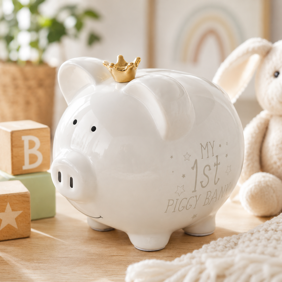 Large Ceramic My First Piggy Bank, White with Gold Crown