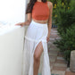 26P74-ASIS TIERED MAXI SKIRT WITH LACE TRIM AND SLIT