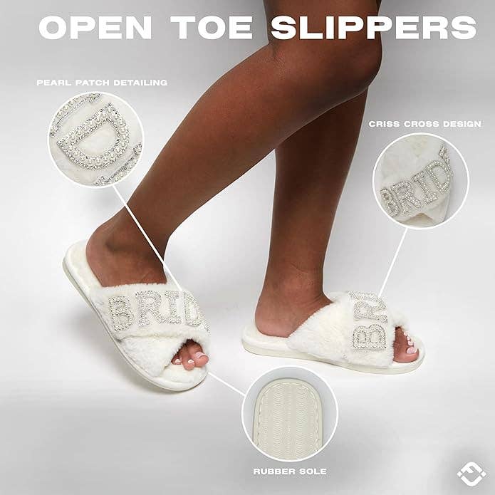Open-Toe Fuzzy Bridal Slippers - Bride