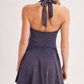 OPEN-BACK WASHED SCOOP HALTER-NECK MINI DRESS