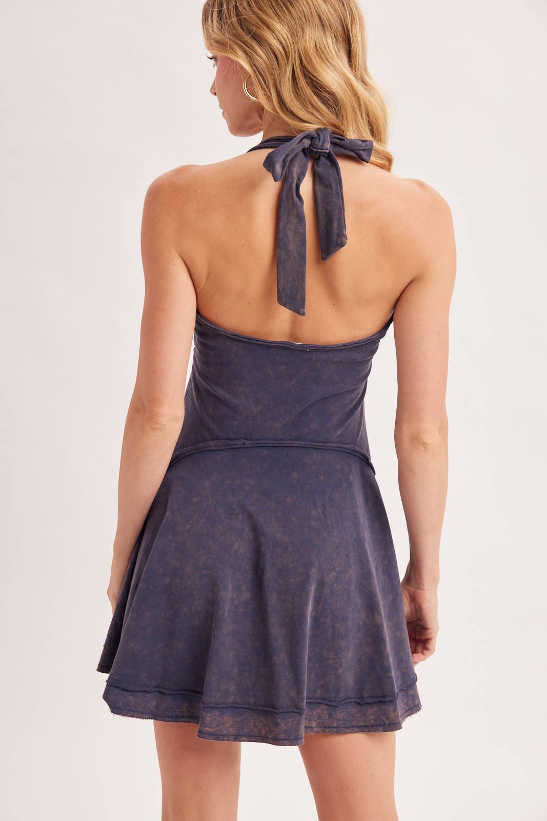 OPEN-BACK WASHED SCOOP HALTER-NECK MINI DRESS