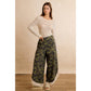 CAMO PRINT LACE HEM FULL LENGTH WIDE LEG PANTS