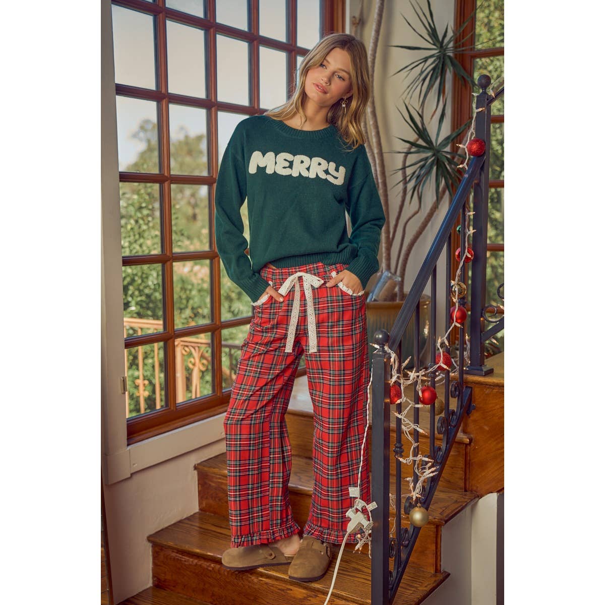 RUFFLED BOTTOM DETAIL CHRISTMAS PLAID CHECK LACE TRIM PANTS