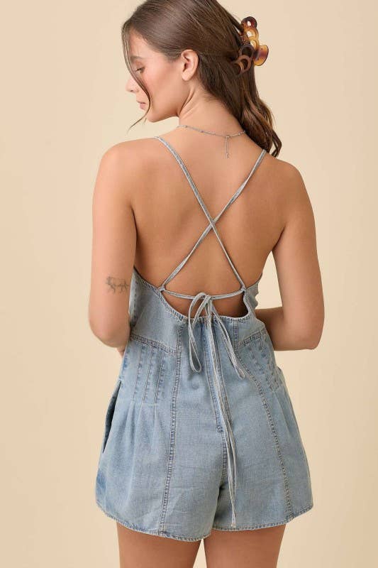 Washed Denim V-Neck Romper with Pleat Detail & Tie Straps