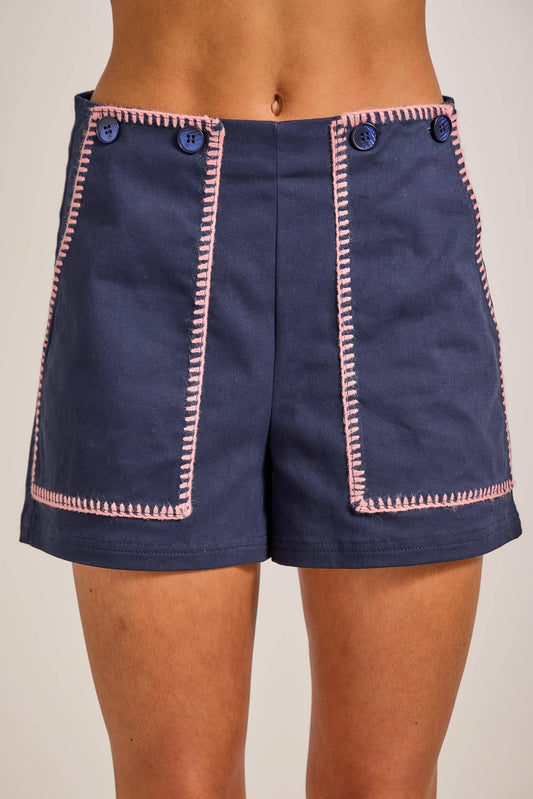 Nautical Contrast Stitch High-Waist Shorts