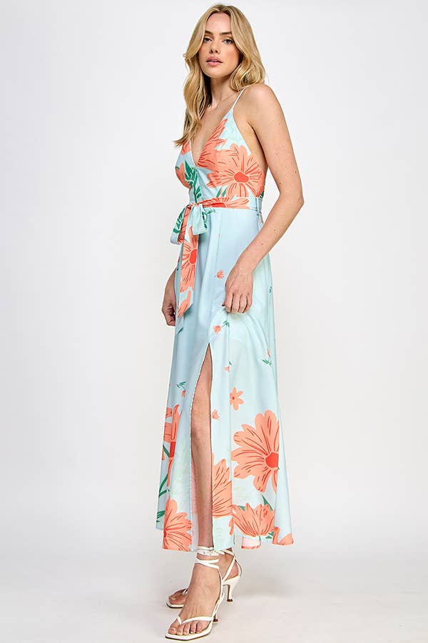 Floral Border Print Side Slit Maxi Dress