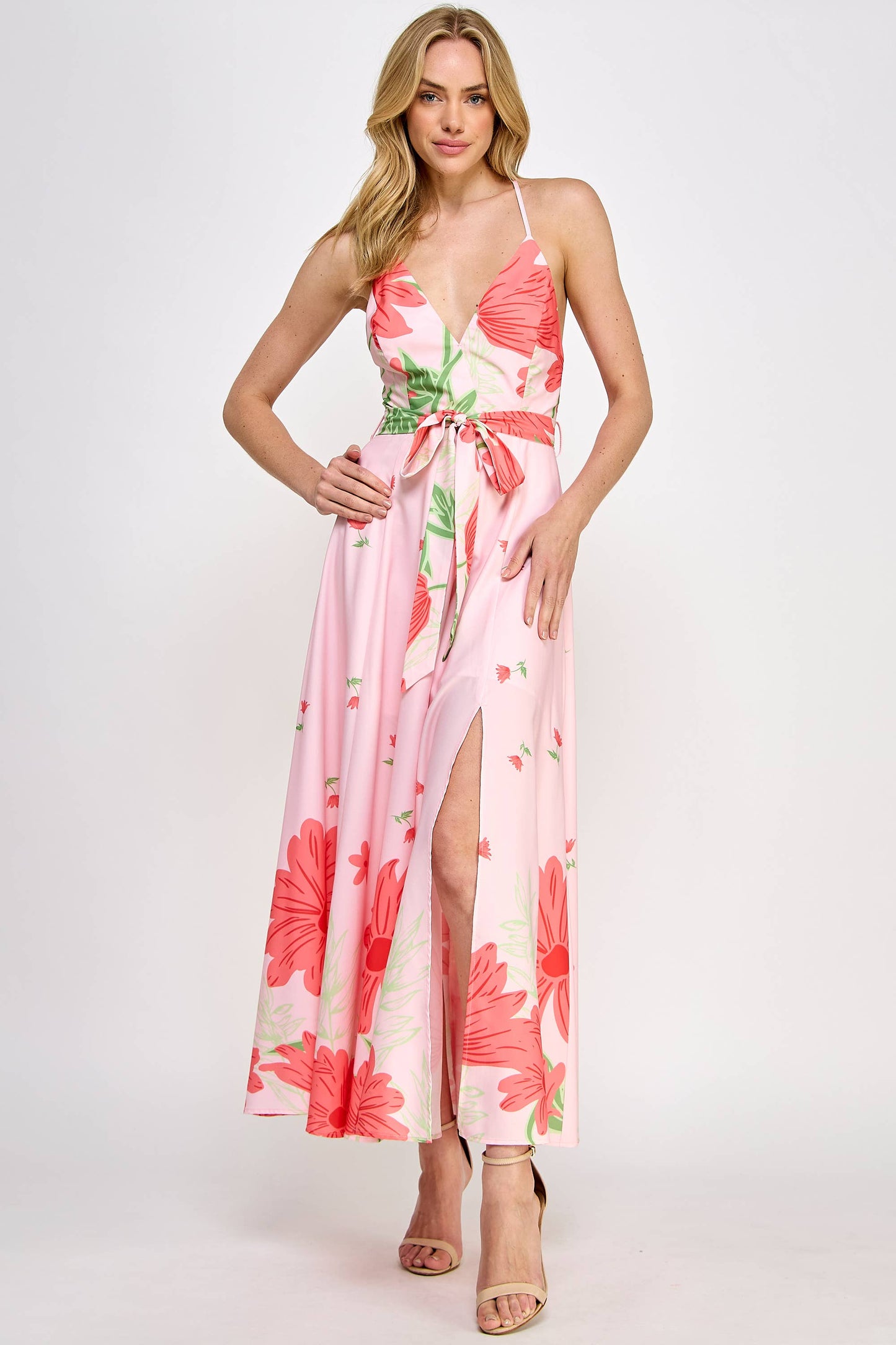 Floral Border Print Side Slit Maxi Dress