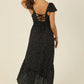 F4F96-FQ00 V NECK SMOCKED WAIST MID LENGTH DRESS WITH LACE U