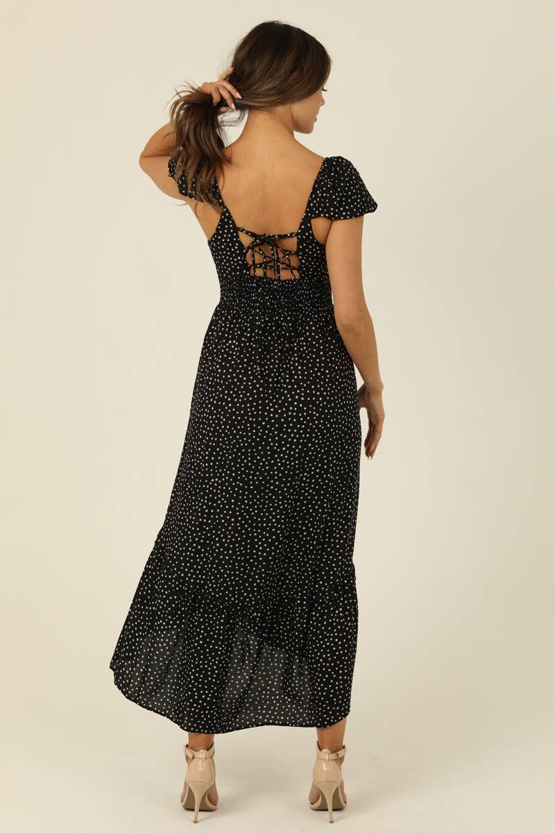 F4F96-FQ00 V NECK SMOCKED WAIST MID LENGTH DRESS WITH LACE U