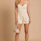 Washed Denim V-Neck Romper with Pleat Detail & Tie Straps