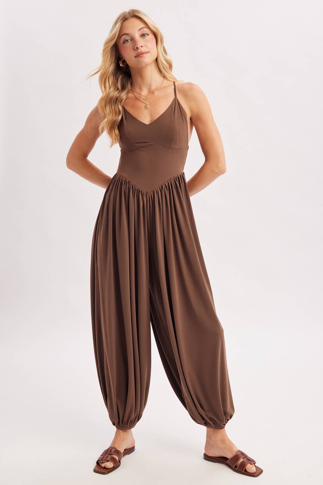 V-NECK RELAXED FLOWY LEGS JUMPSUIT CRISS-CROSS OPEN BACK