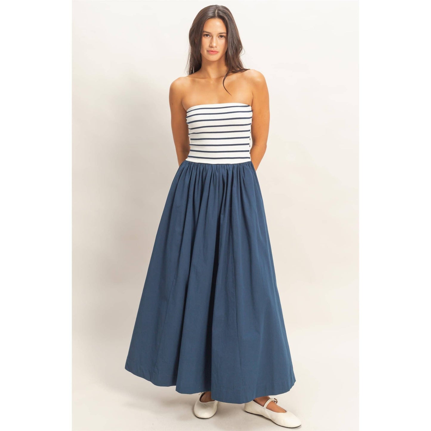 Striped Strapless Flowy Midi Dress