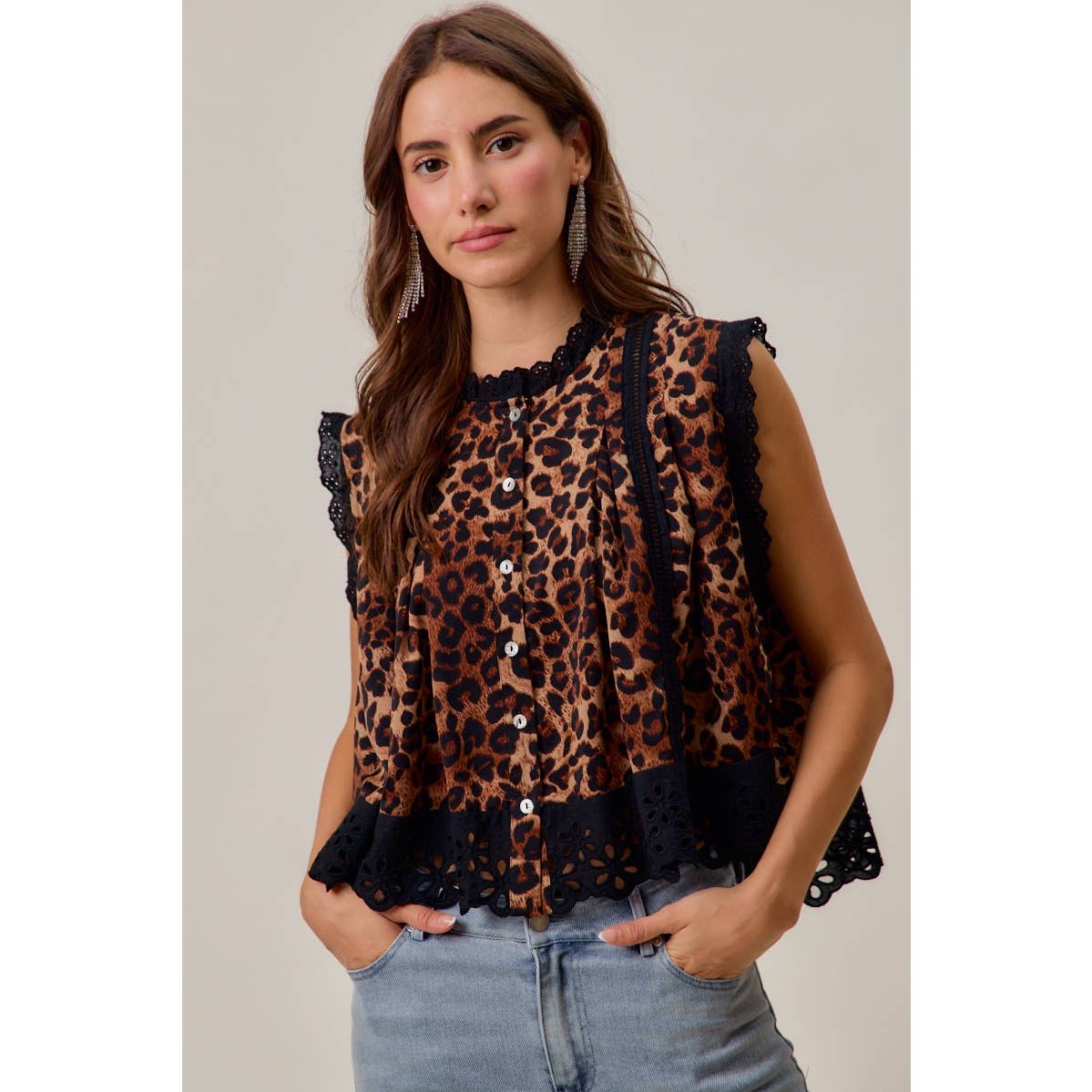 LEOPARD BUTTON UP PLEATED SLEEVELESS BLOUSE TOP