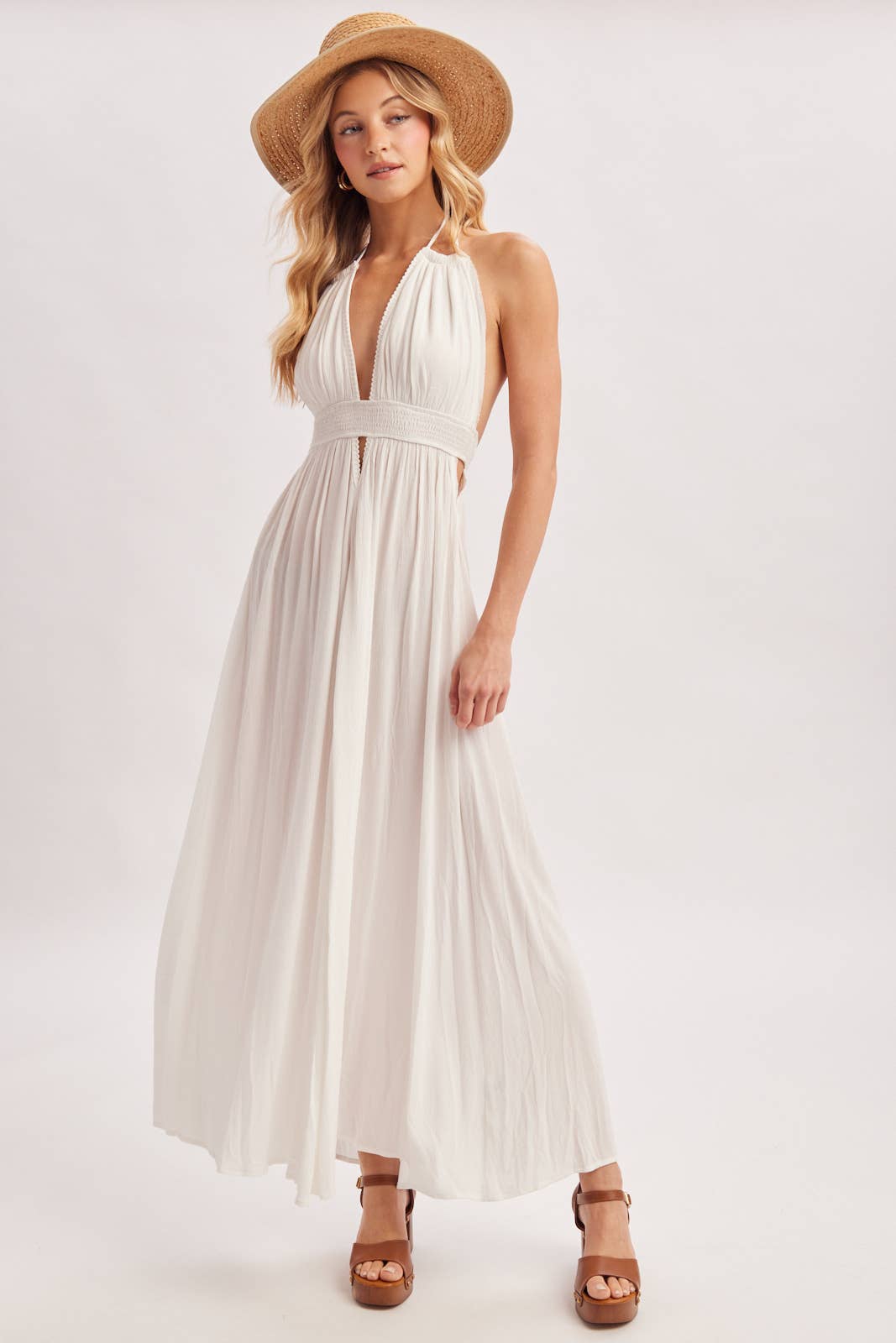 A CRINKLY CREPE DEEP V-NECK HALTER MAXI SUNDRESS