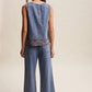Embroidered Denim Tank & Wide-Leg Pants Set