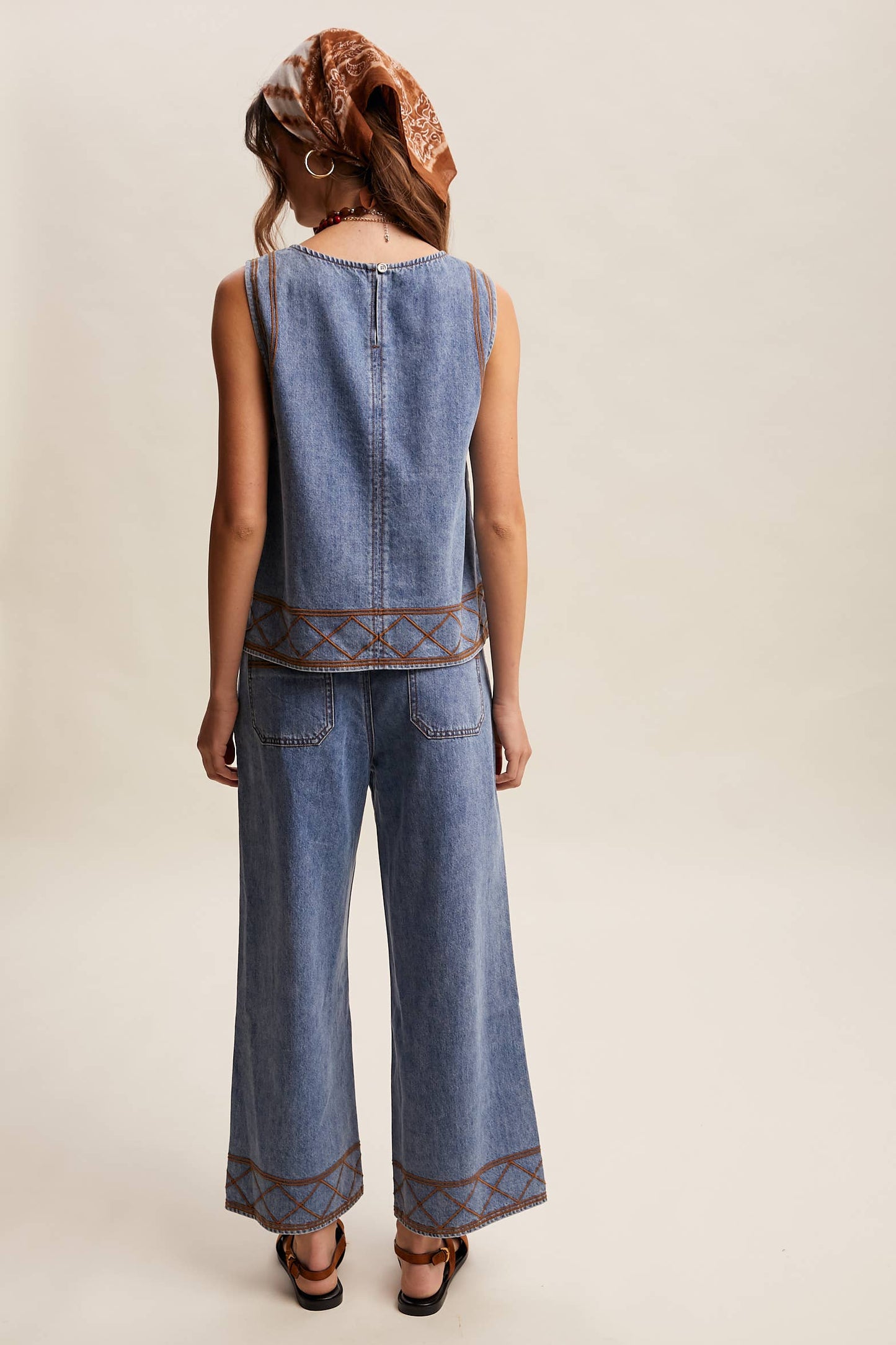 Embroidered Denim Tank & Wide-Leg Pants Set