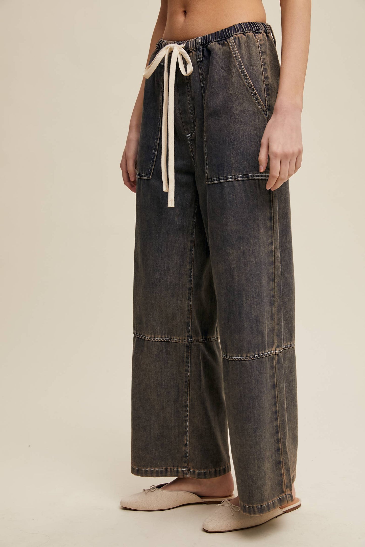 Wide-Leg Denim Drawstring Pants LP0256