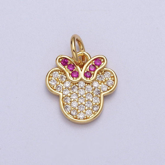 24K Gold Filled Micro Paved CZ Fuchsia-Bowed Mouse Kid's Charm | C-844