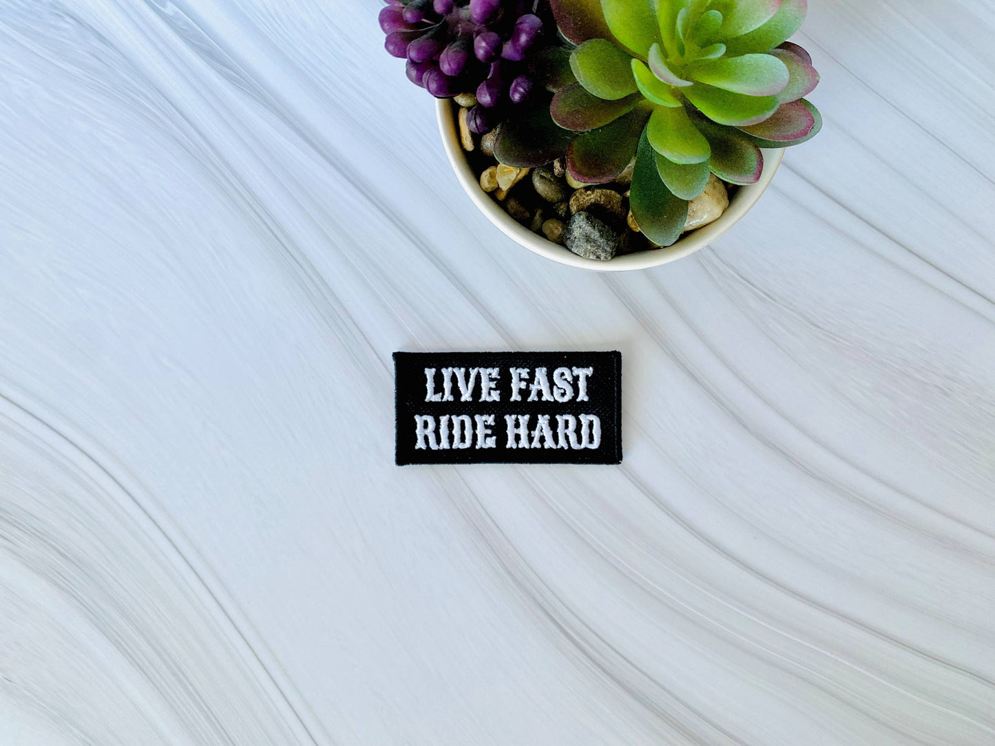 Live fast ride hard embroidered iron on hat patch